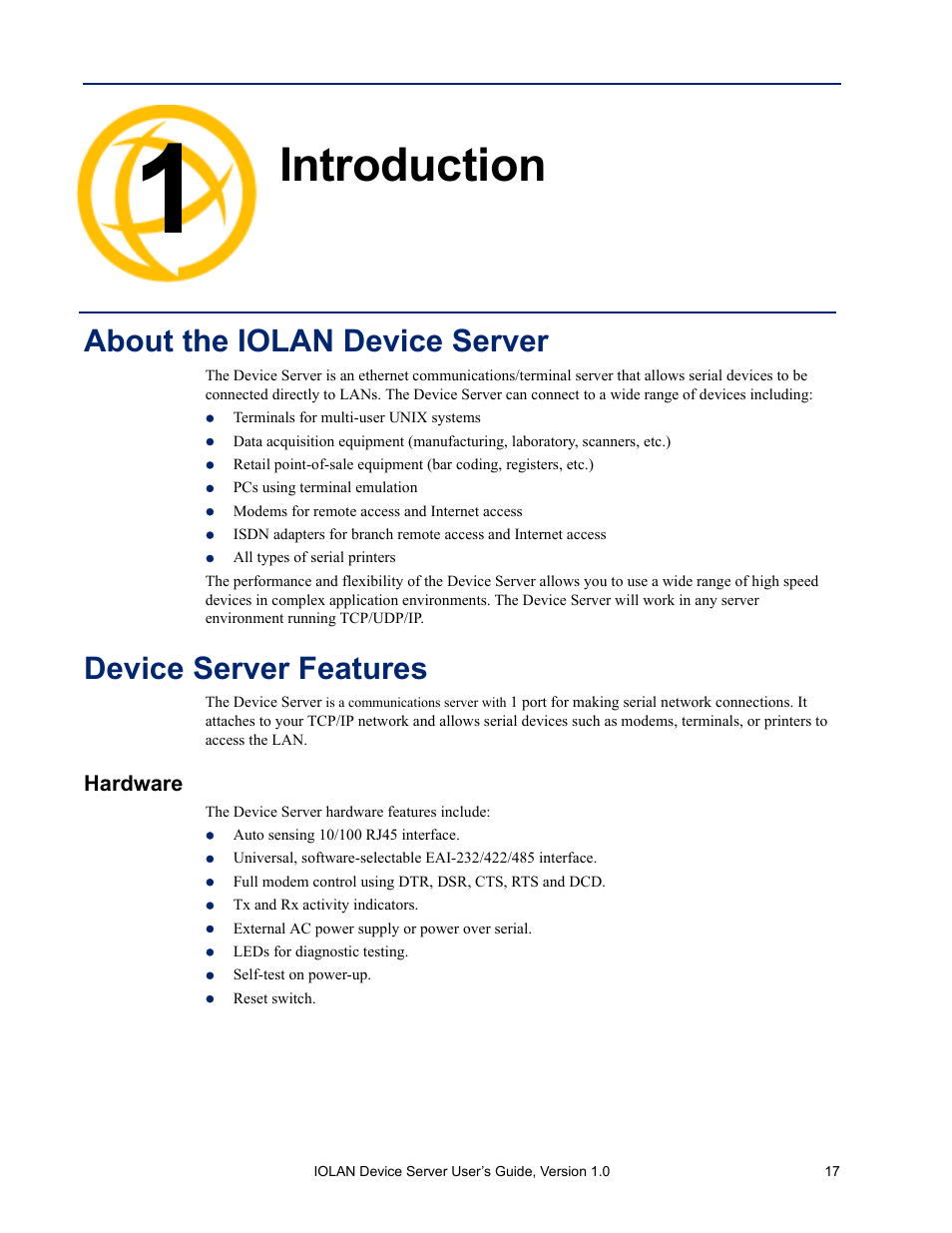 Introduction, About the iolan device server, Device server features | Hardware, Chapter 1 introduction | Perle Systems DS1 User Manual | Page 17 / 122