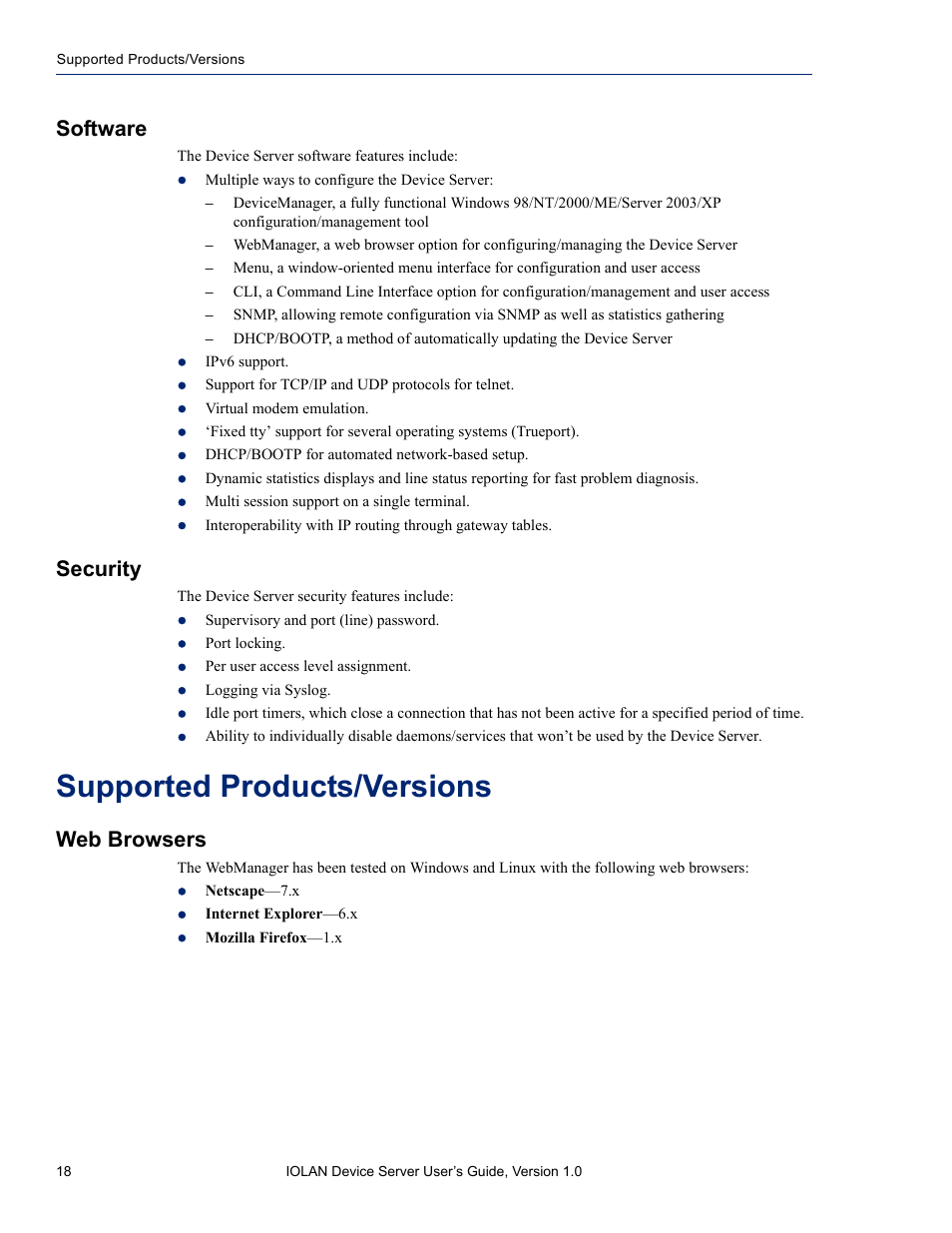 Software, Security, Supported products/versions | Web browsers | Perle Systems DS1 User Manual | Page 18 / 122