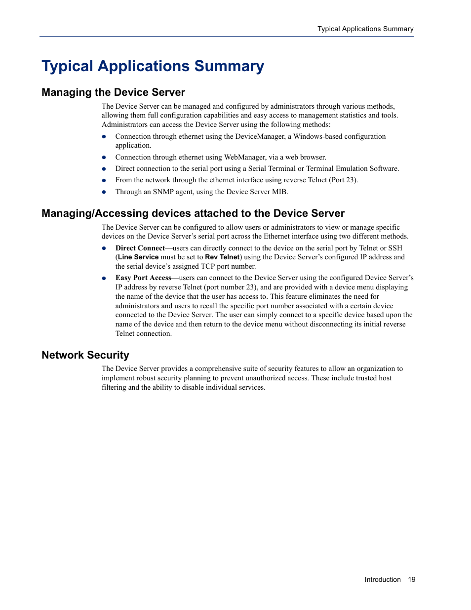 Typical applications summary, Managing the device server, Network security | Perle Systems DS1 User Manual | Page 19 / 122