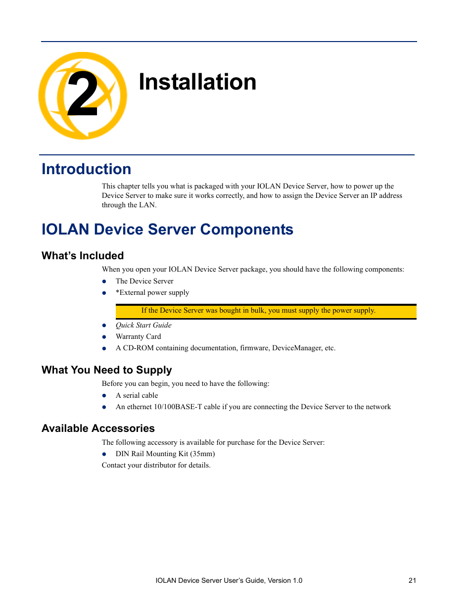 Installation, Introduction, Iolan device server components | What’s included, What you need to supply, Available accessories, Chapter 2 installation | Perle Systems DS1 User Manual | Page 21 / 122