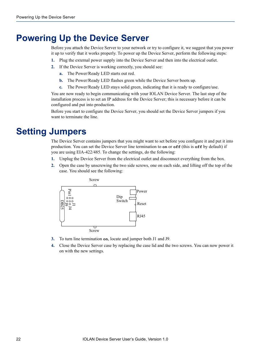 Powering up the device server, Setting jumpers | Perle Systems DS1 User Manual | Page 22 / 122