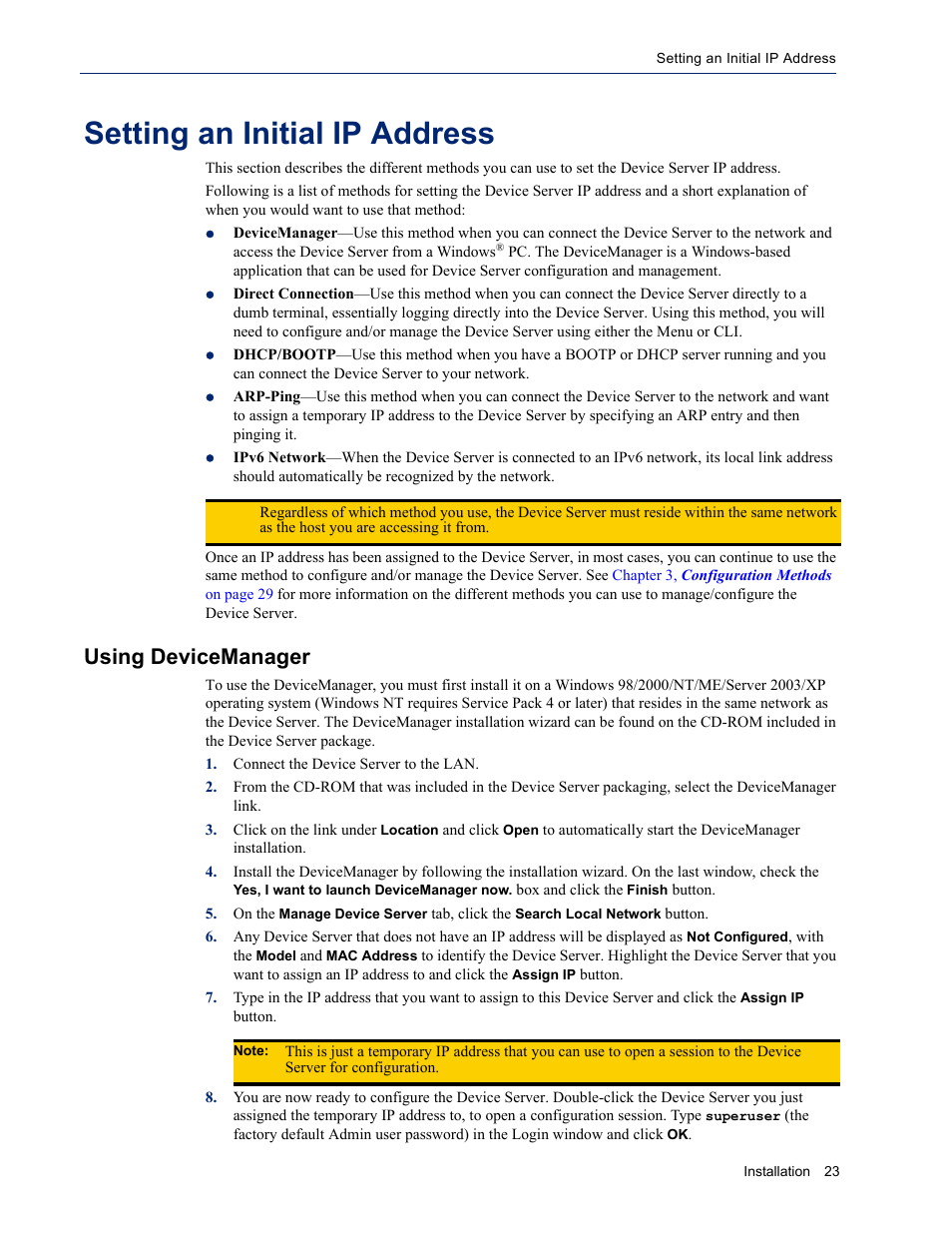 Setting an initial ip address, Using devicemanager | Perle Systems DS1 User Manual | Page 23 / 122