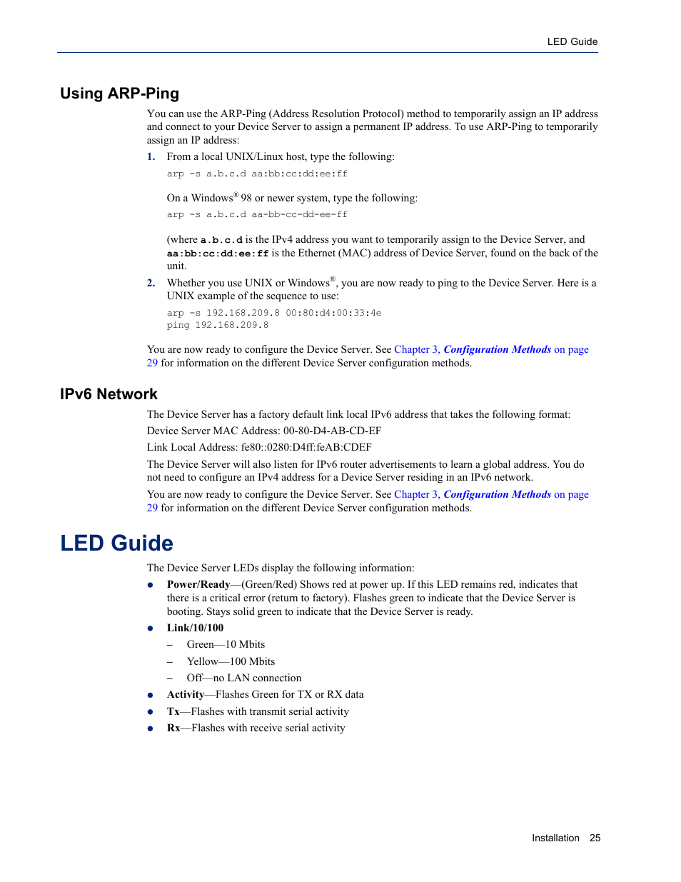 Using arp-ping, Ipv6 network, Led guide | Perle Systems DS1 User Manual | Page 25 / 122