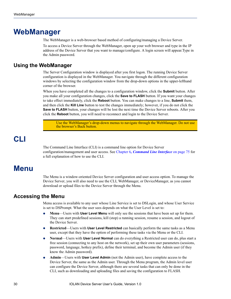 Webmanager, Using the webmanager, Menu | Accessing the menu | Perle Systems DS1 User Manual | Page 30 / 122