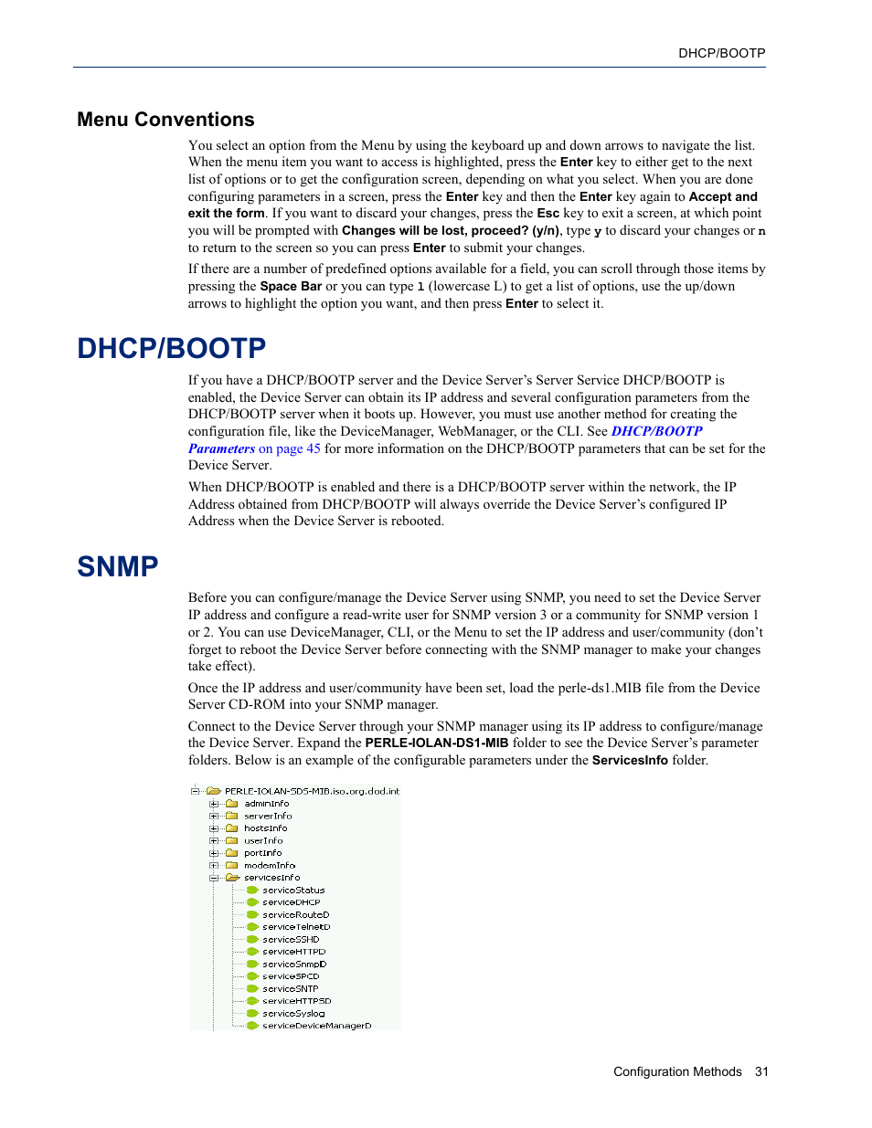 Menu conventions, Dhcp/bootp, Snmp | Perle Systems DS1 User Manual | Page 31 / 122