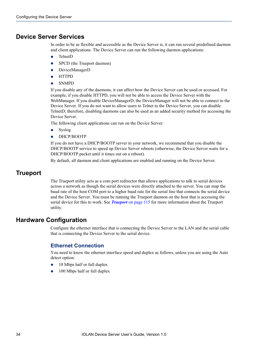 Device server services, Trueport, Hardware configuration | Ethernet connection | Perle Systems DS1 User Manual | Page 34 / 122