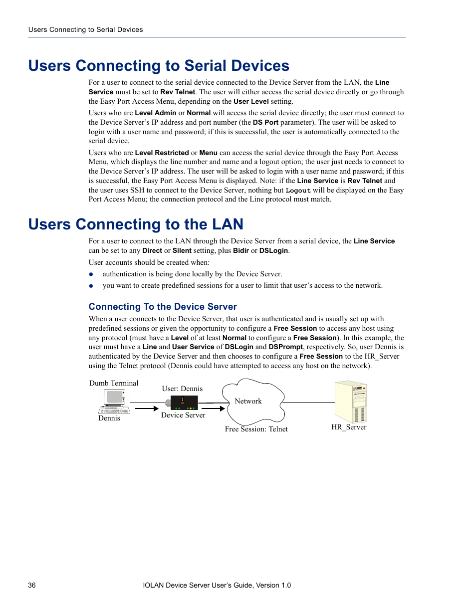 Users connecting to serial devices, Users connecting to the lan, Connecting to the device server | Perle Systems DS1 User Manual | Page 36 / 122