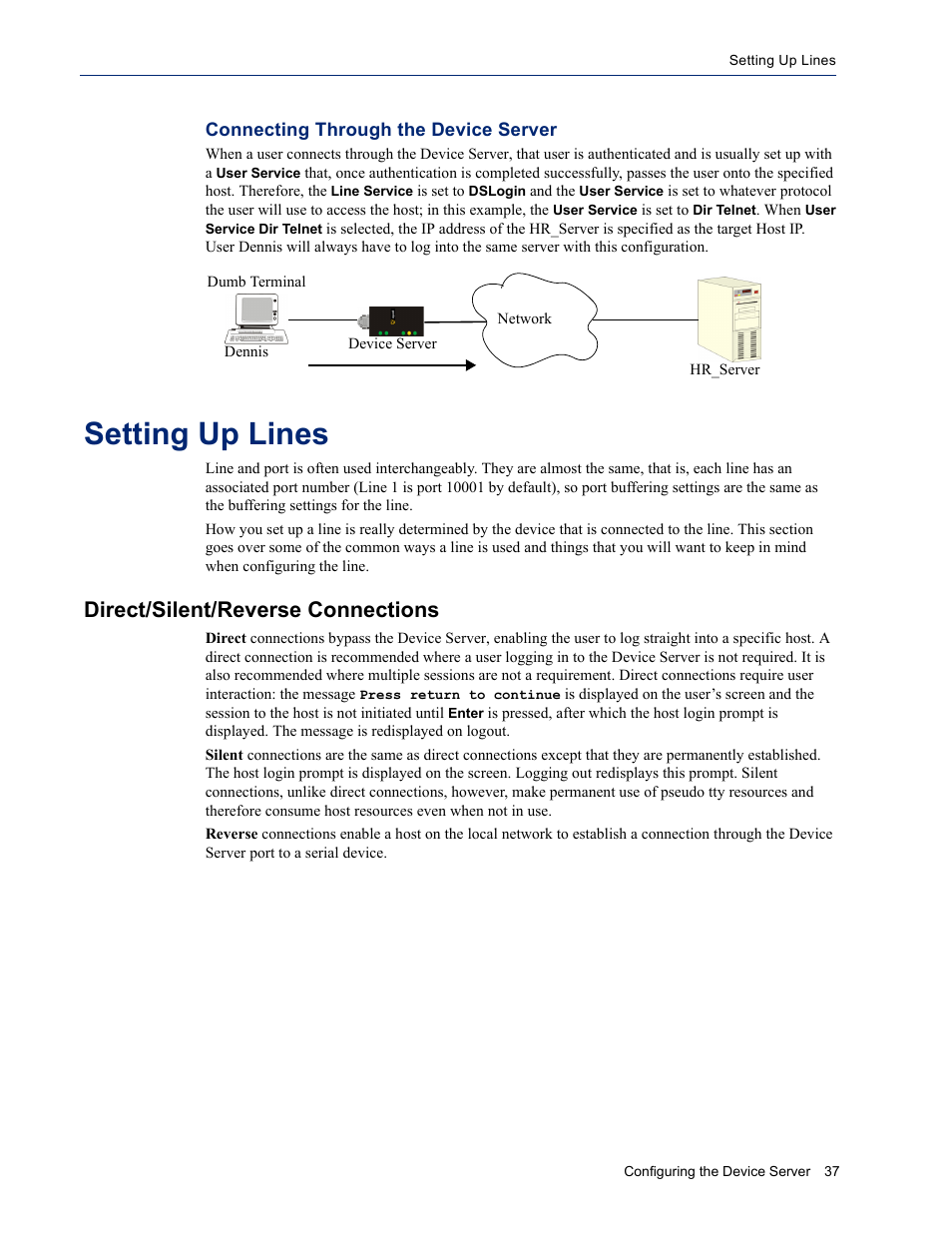 Setting up lines, Direct/silent/reverse connections, Connecting through the device server | Perle Systems DS1 User Manual | Page 37 / 122