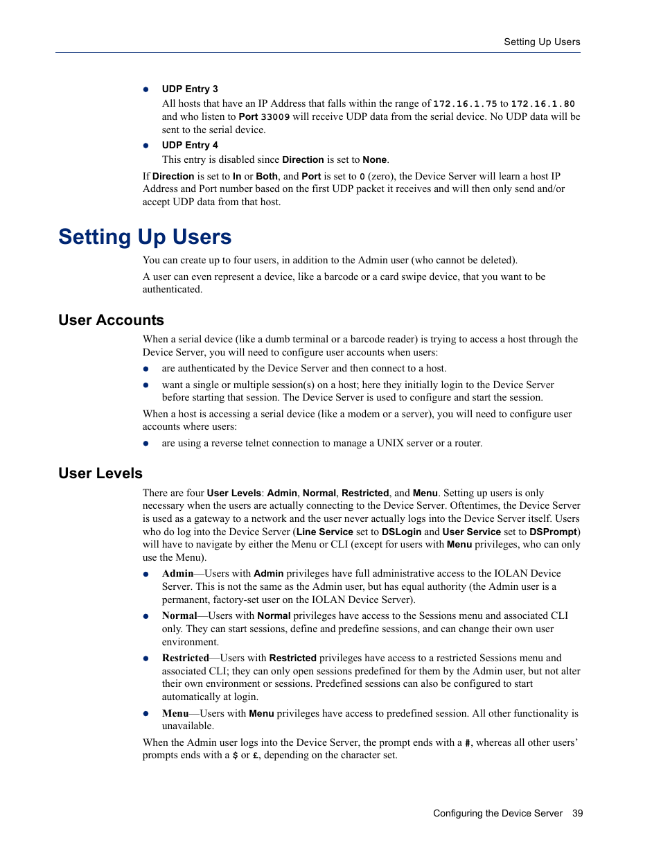 Setting up users, User accounts, User levels | Perle Systems DS1 User Manual | Page 39 / 122