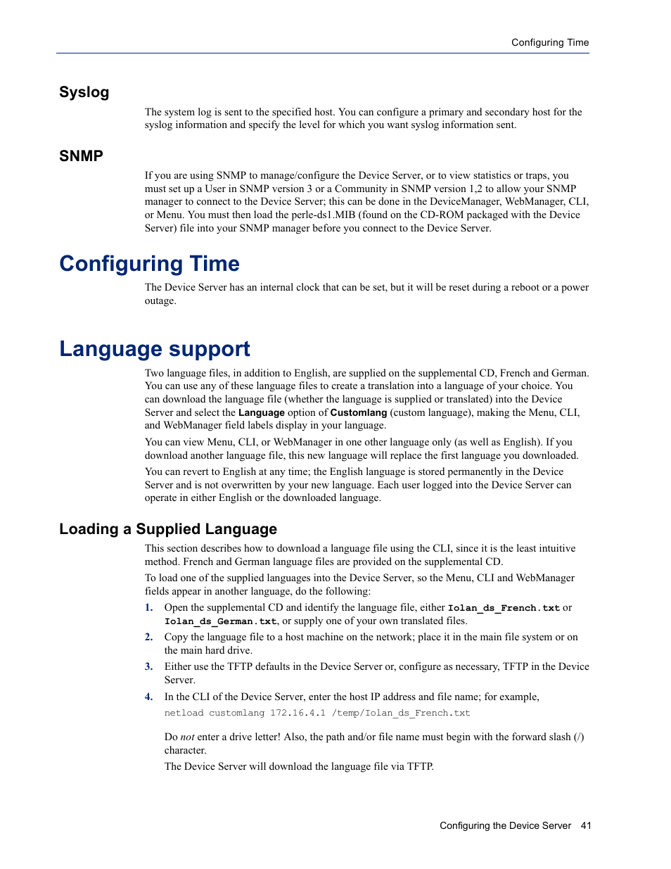 Syslog, Snmp, Configuring time | Language support, Loading a supplied language | Perle Systems DS1 User Manual | Page 41 / 122