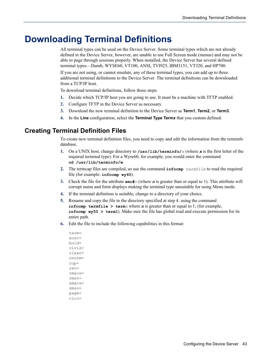 Downloading terminal definitions, Creating terminal definition files | Perle Systems DS1 User Manual | Page 43 / 122