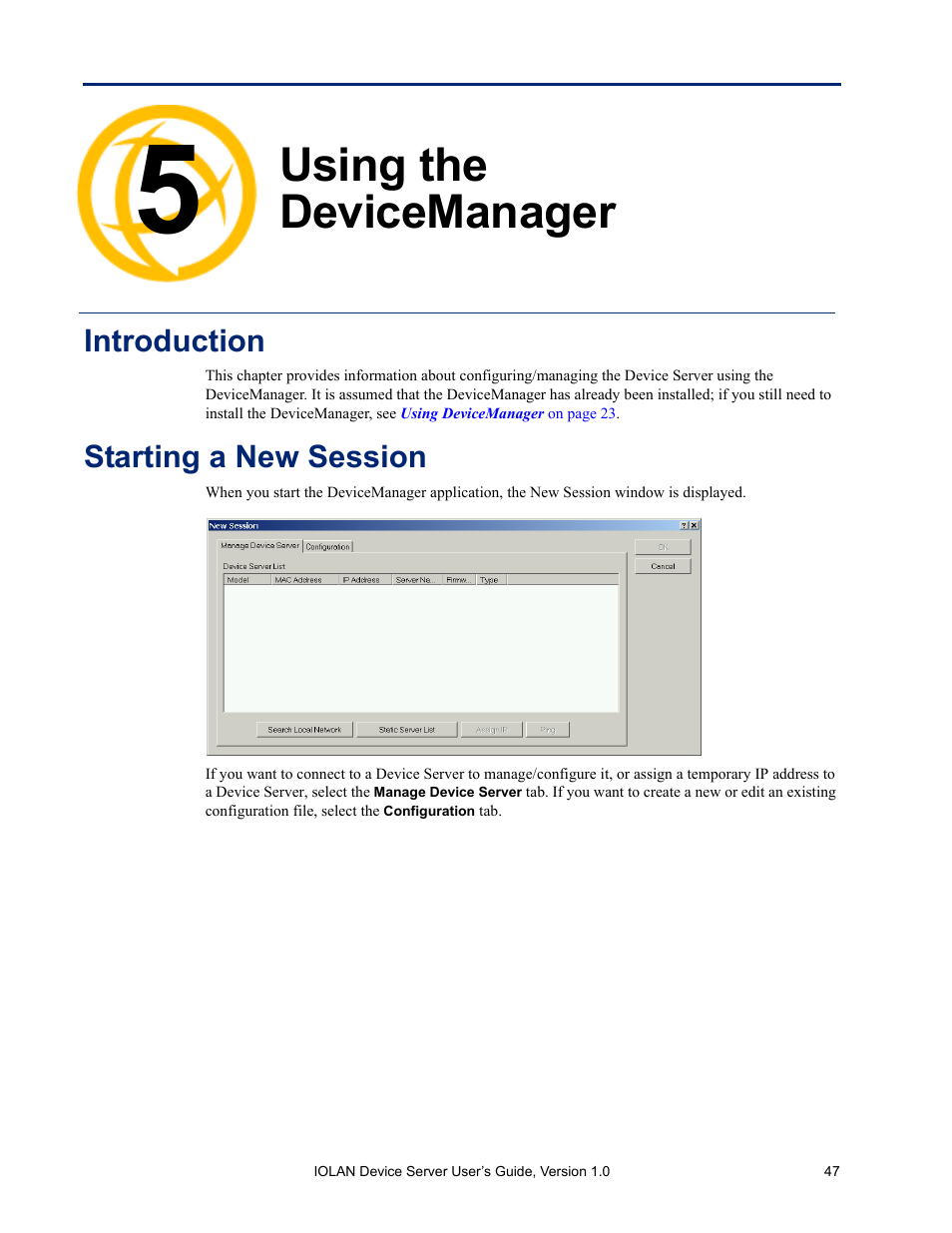 Using the devicemanager, Introduction, Starting a new session | Chapter 5 using the devicemanager, Chapter 5, using | Perle Systems DS1 User Manual | Page 47 / 122