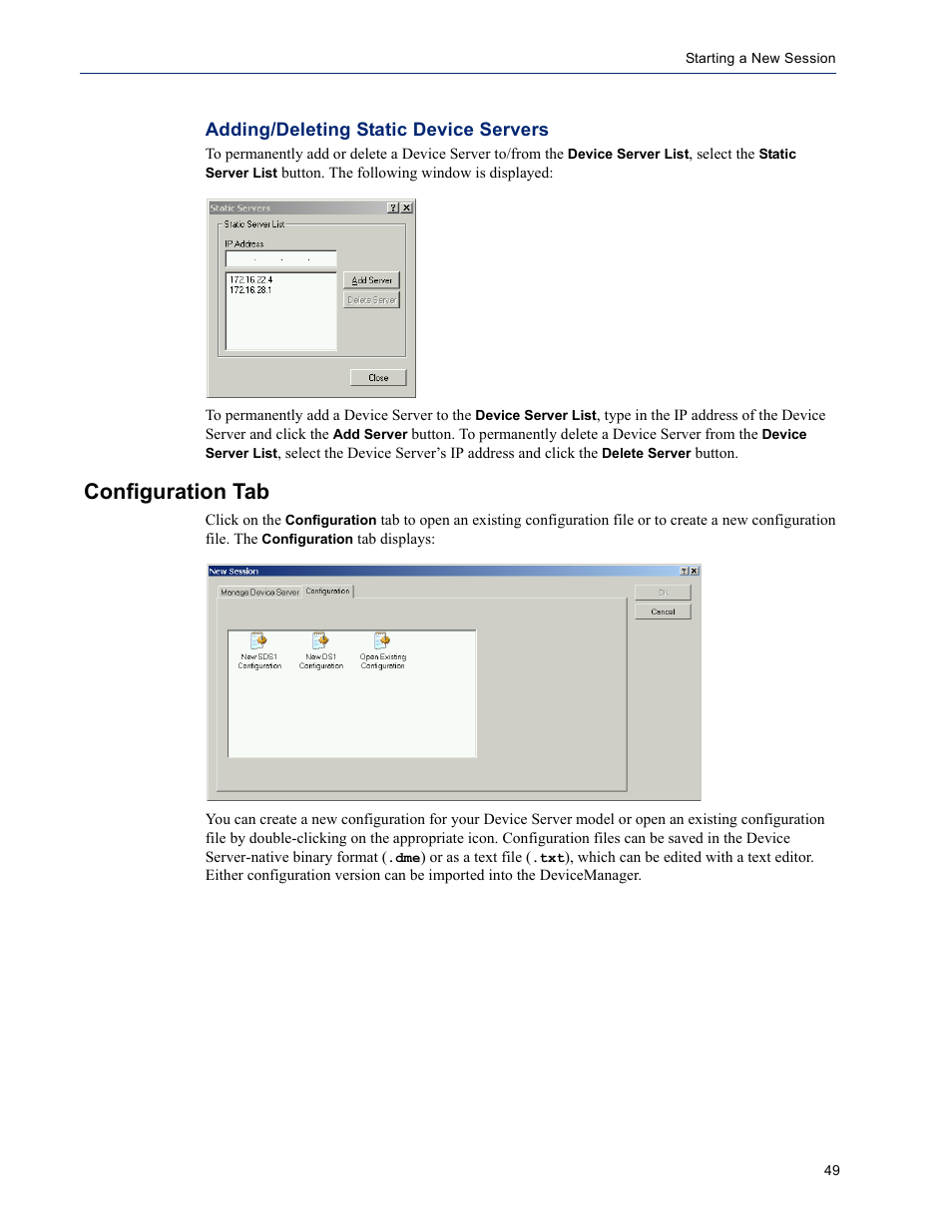 Configuration tab, Adding/deleting static device servers, Adding/deleting static device | Perle Systems DS1 User Manual | Page 49 / 122