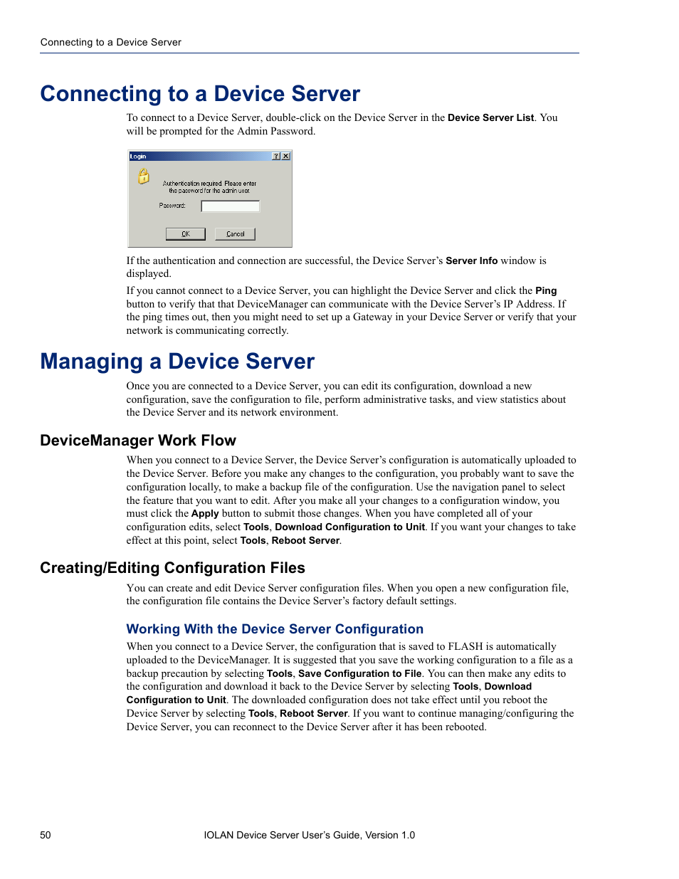 Connecting to a device server, Managing a device server, Devicemanager work flow | Creating/editing configuration files, Working with the device server configuration | Perle Systems DS1 User Manual | Page 50 / 122