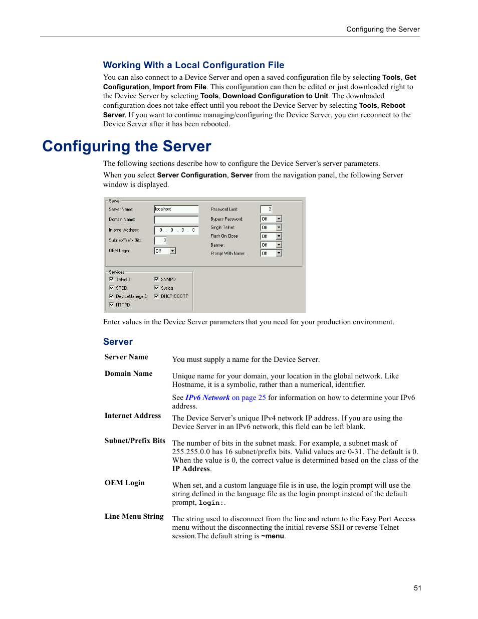 Configuring the server, Working with a local configuration file, Server | Perle Systems DS1 User Manual | Page 51 / 122