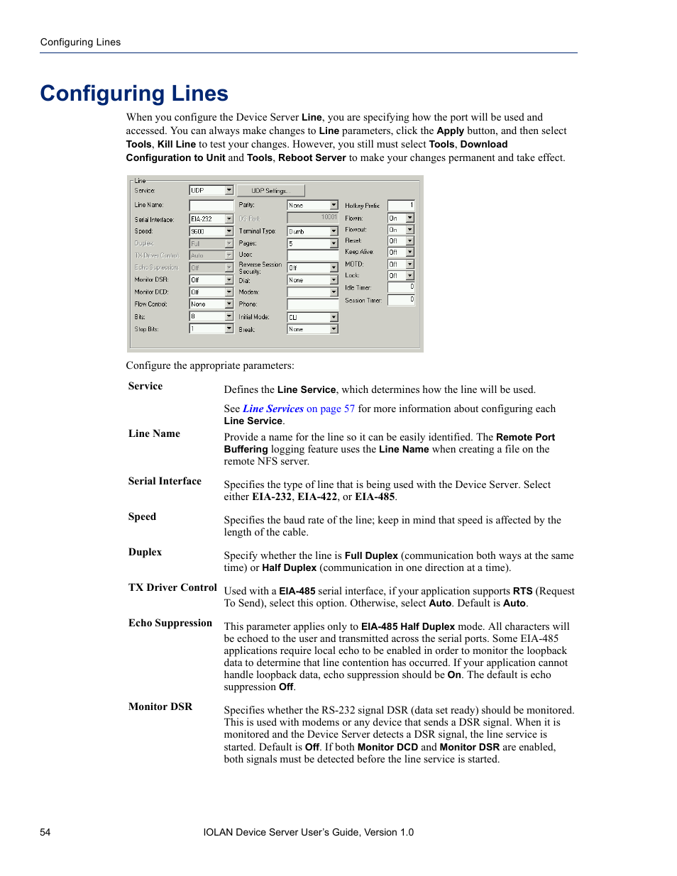 Configuring lines | Perle Systems DS1 User Manual | Page 54 / 122