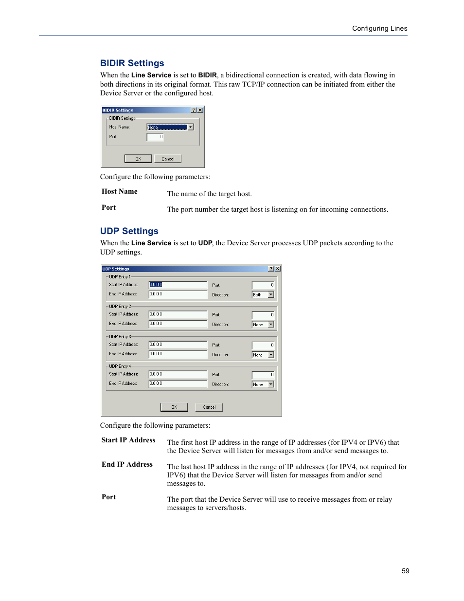 Bidir settings udp settings | Perle Systems DS1 User Manual | Page 59 / 122