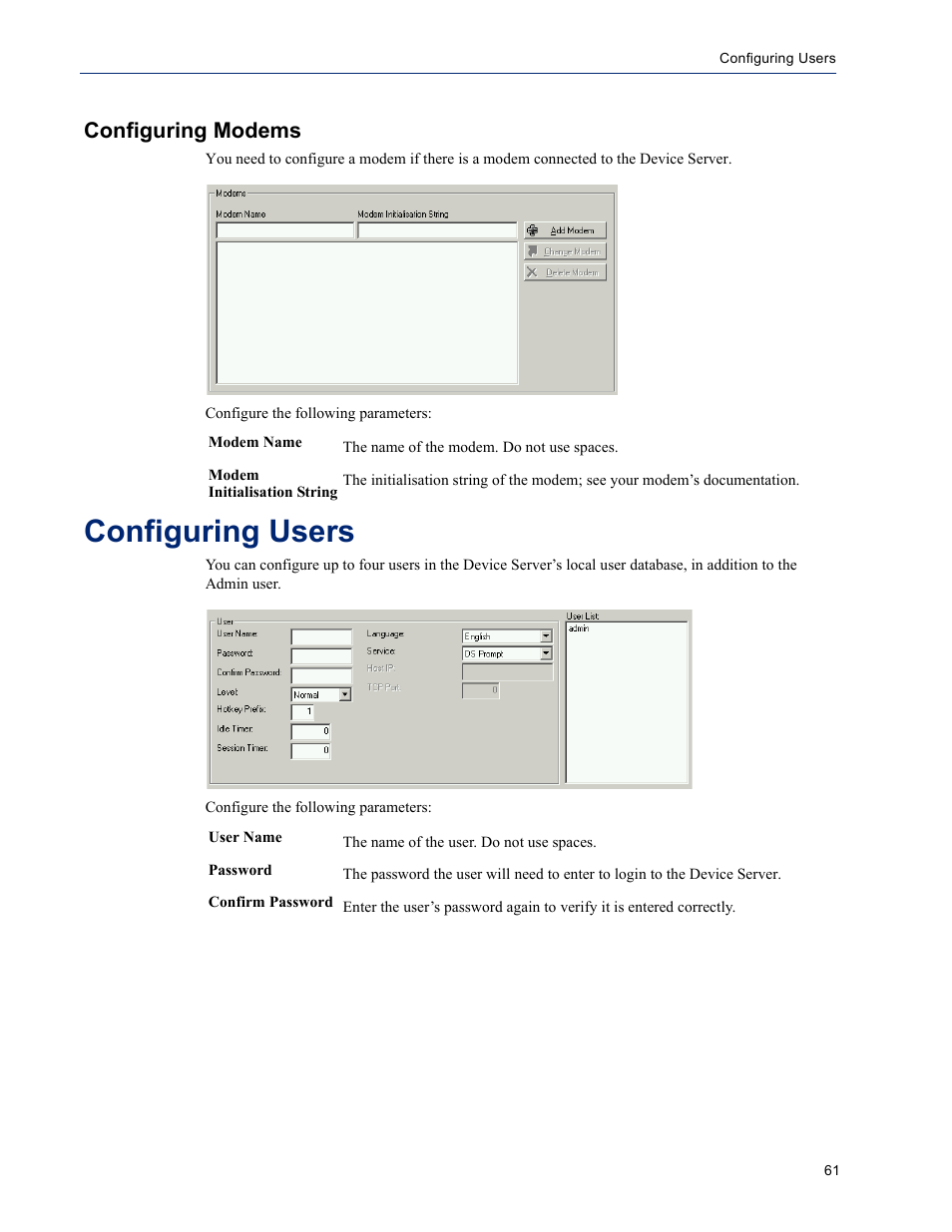 Configuring modems, Configuring users | Perle Systems DS1 User Manual | Page 61 / 122