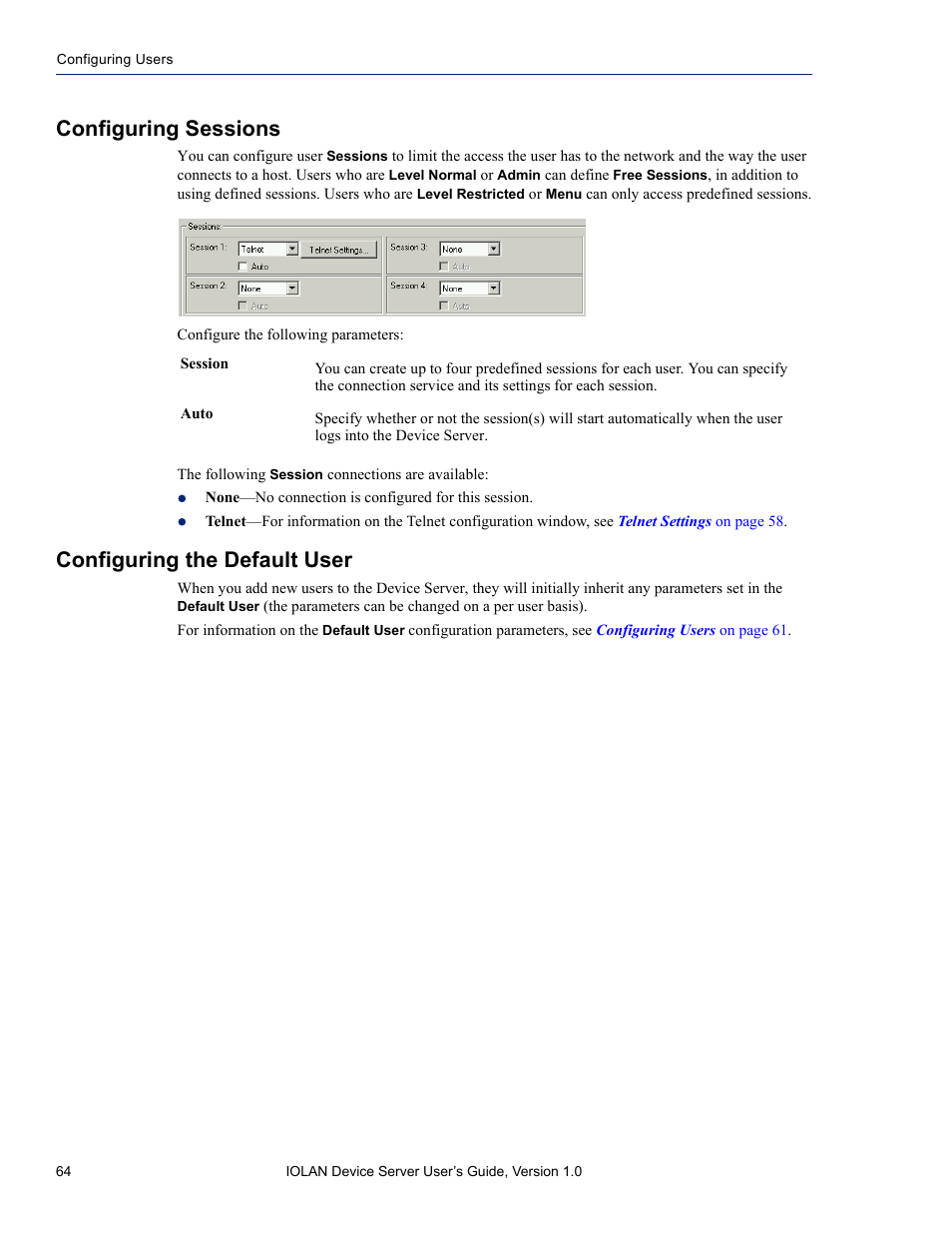 Configuring sessions, Configuring the default user | Perle Systems DS1 User Manual | Page 64 / 122