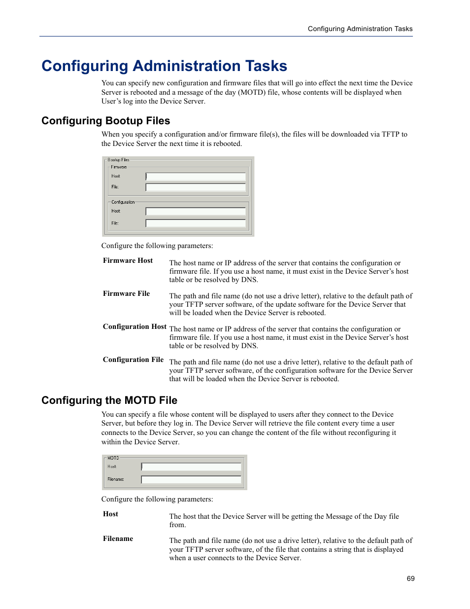 Configuring administration tasks, Configuring bootup files, Configuring the motd file | Perle Systems DS1 User Manual | Page 69 / 122