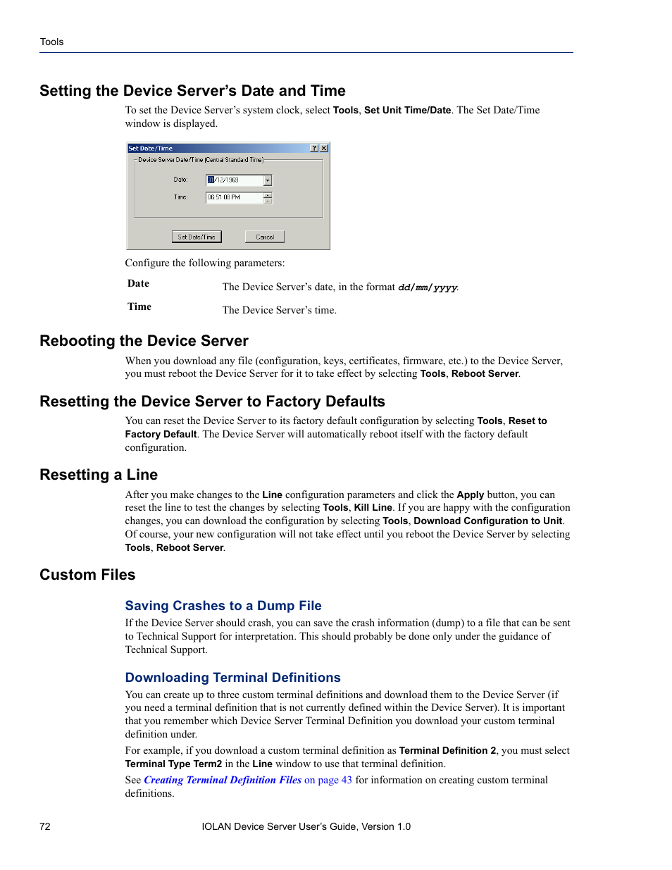 Setting the device server’s date and time, Rebooting the device server, Resetting the device server to factory defaults | Resetting a line, Custom files | Perle Systems DS1 User Manual | Page 72 / 122