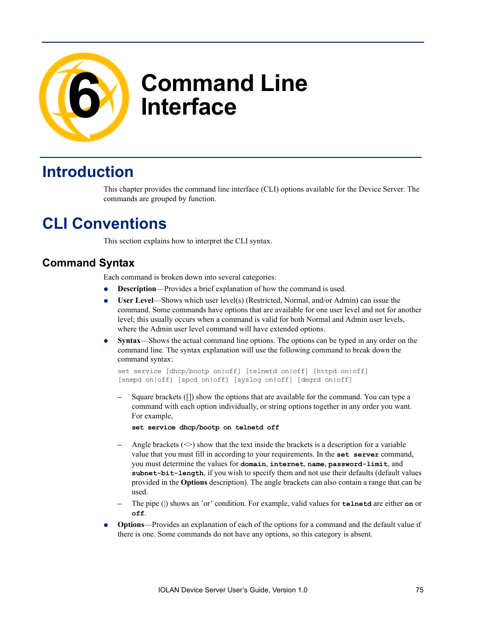 Command line interface, Introduction, Cli conventions | Command syntax, Chapter 6 command line interface | Perle Systems DS1 User Manual | Page 75 / 122