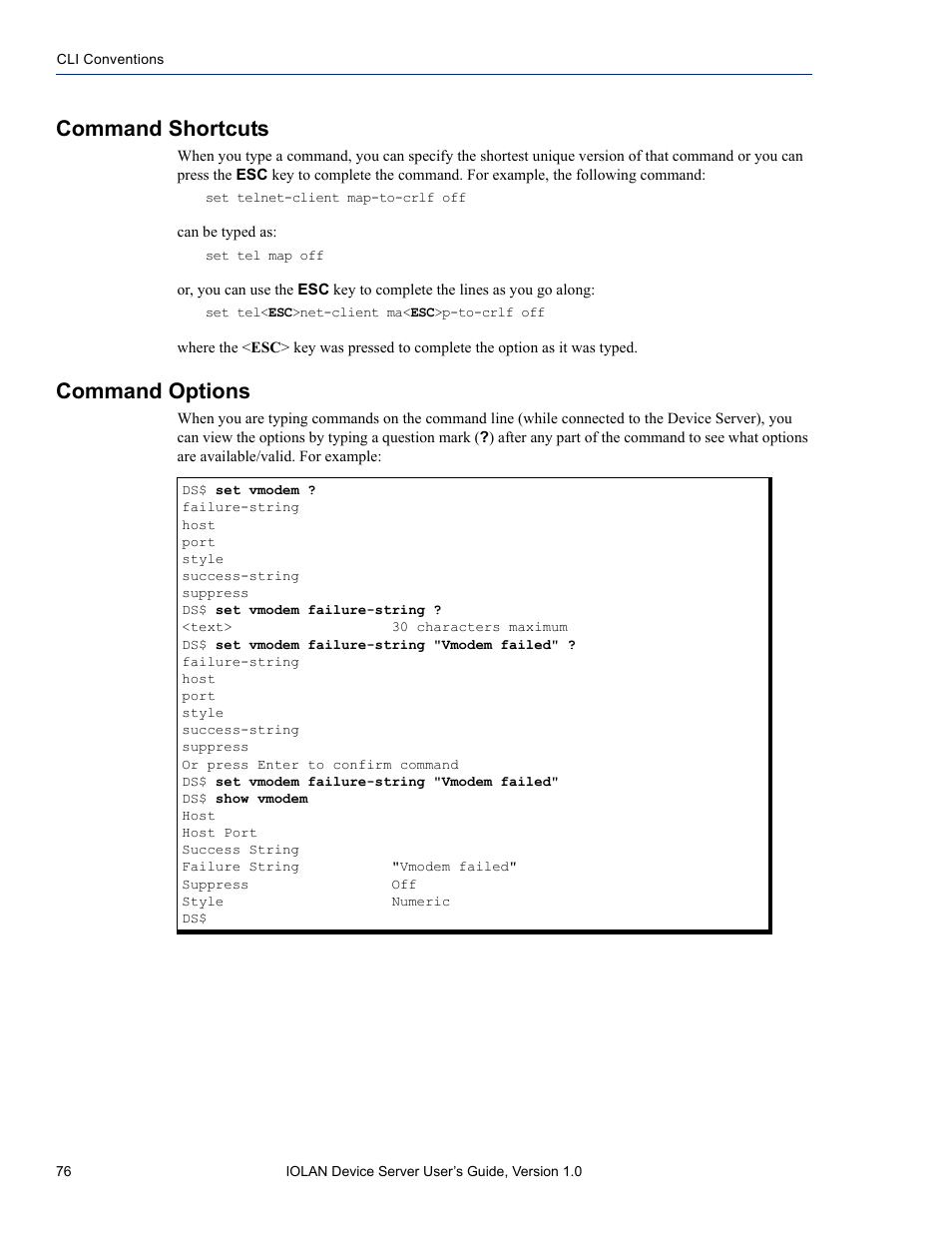 Command shortcuts, Command options | Perle Systems DS1 User Manual | Page 76 / 122