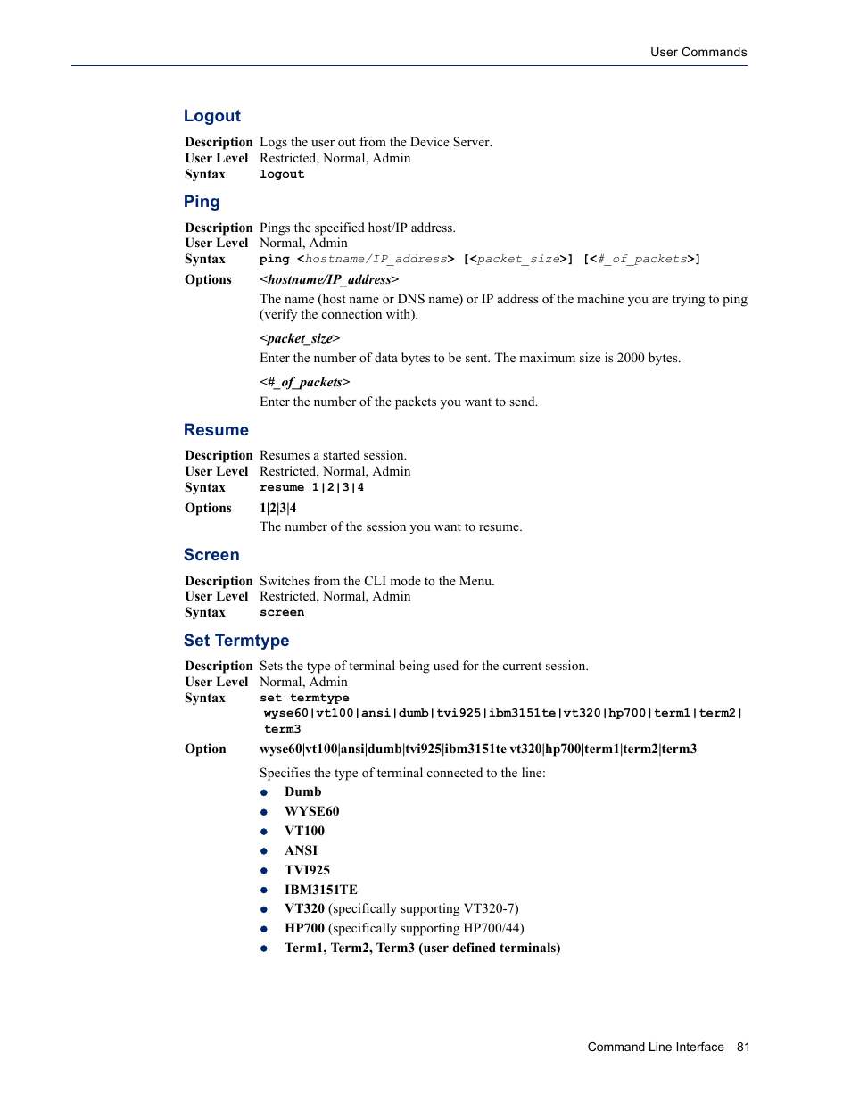 Logout ping resume screen set termtype, Logout, Ping | Resume, Screen, Set termtype | Perle Systems DS1 User Manual | Page 81 / 122