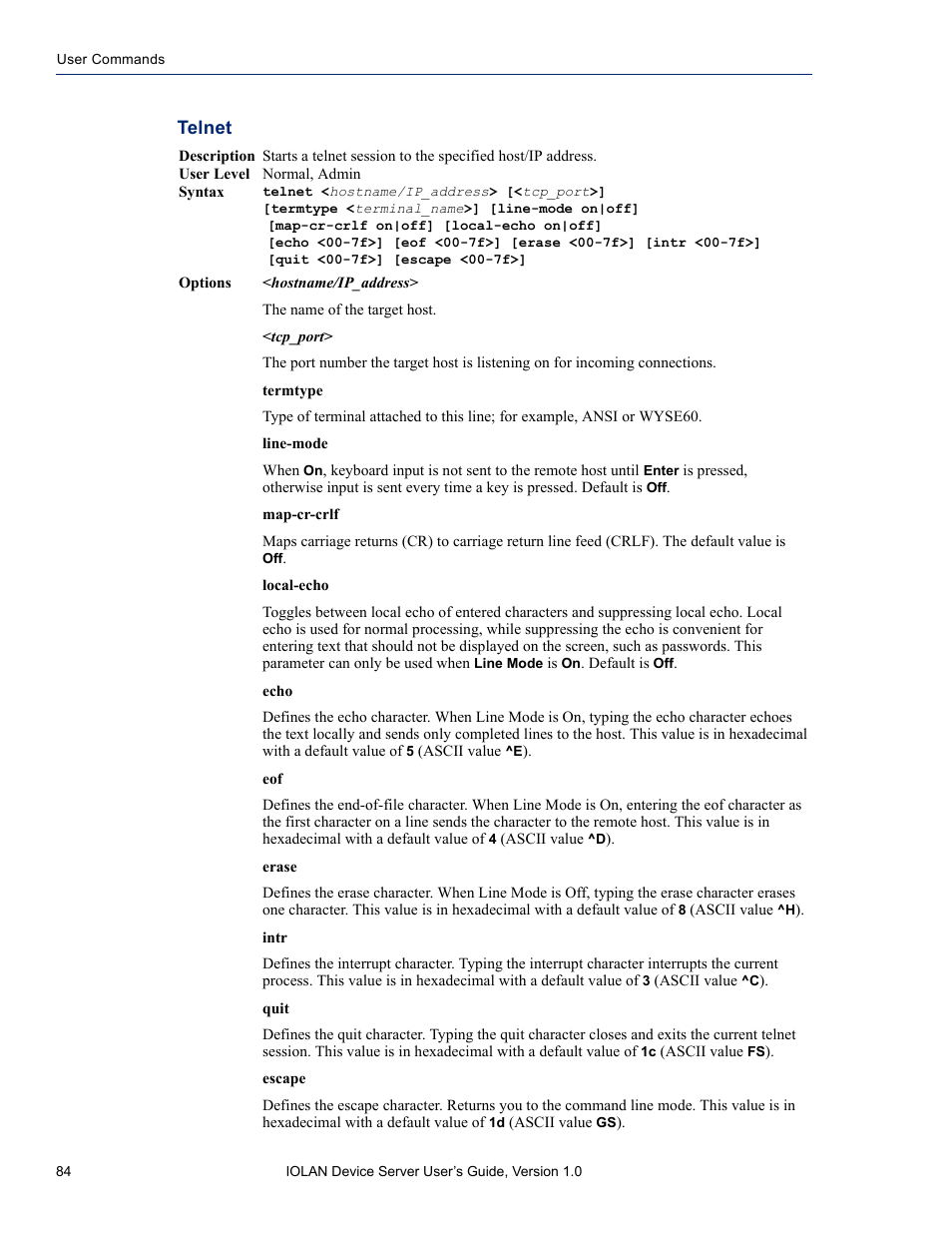 Telnet | Perle Systems DS1 User Manual | Page 84 / 122