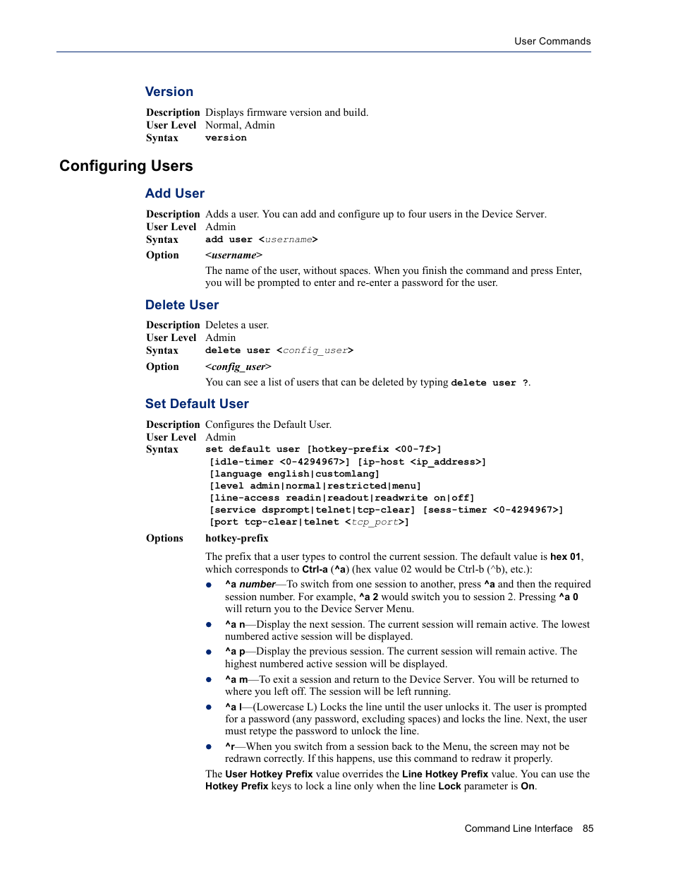 Configuring users, Version, Add user delete user set default user | Add user, Delete user, Set default user | Perle Systems DS1 User Manual | Page 85 / 122
