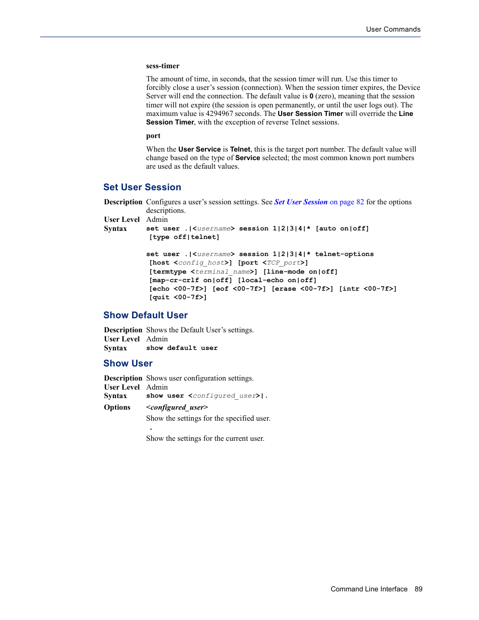 Set user session show default user show user, Set user session, Show default user | Show user | Perle Systems DS1 User Manual | Page 89 / 122