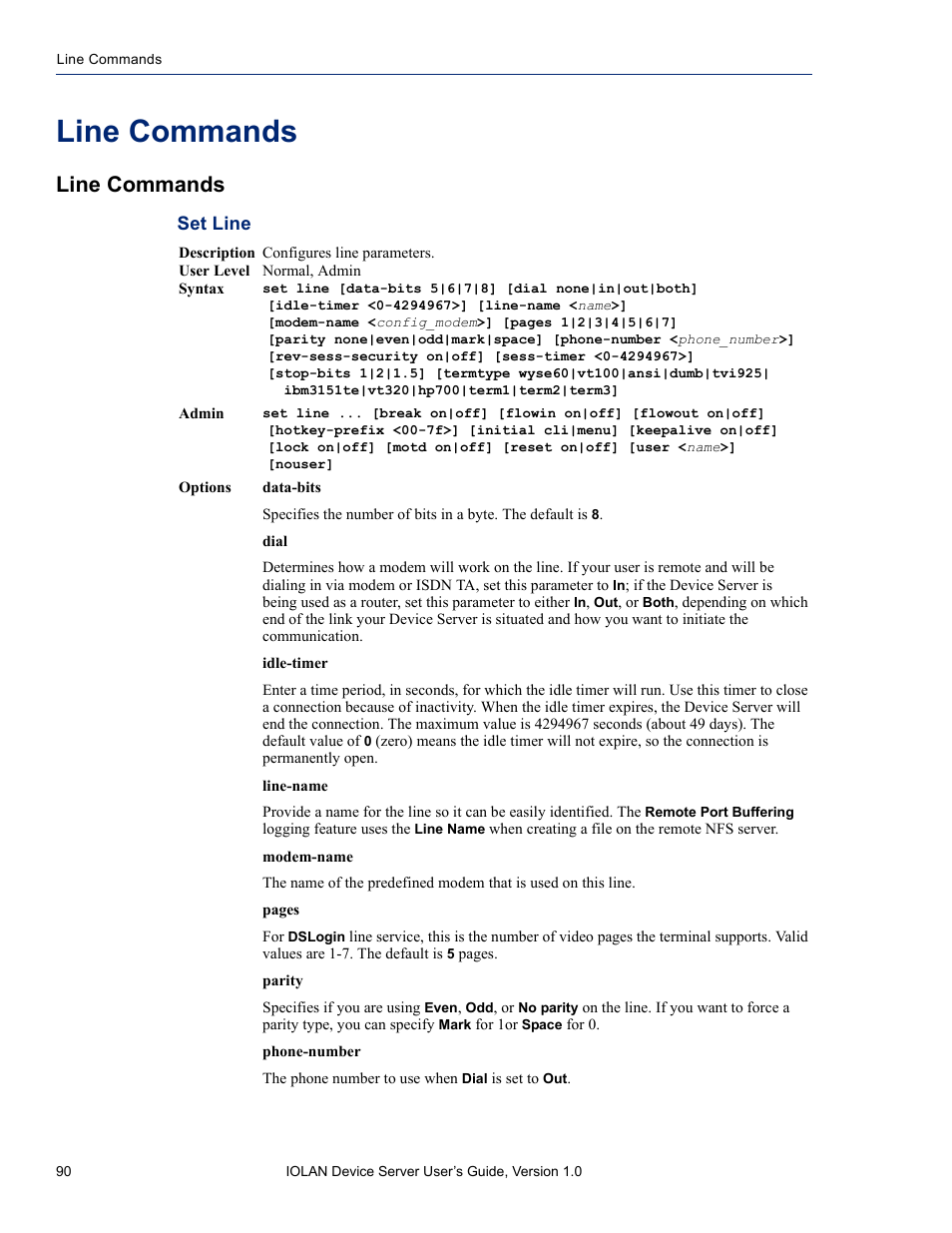 Line commands, Set line | Perle Systems DS1 User Manual | Page 90 / 122