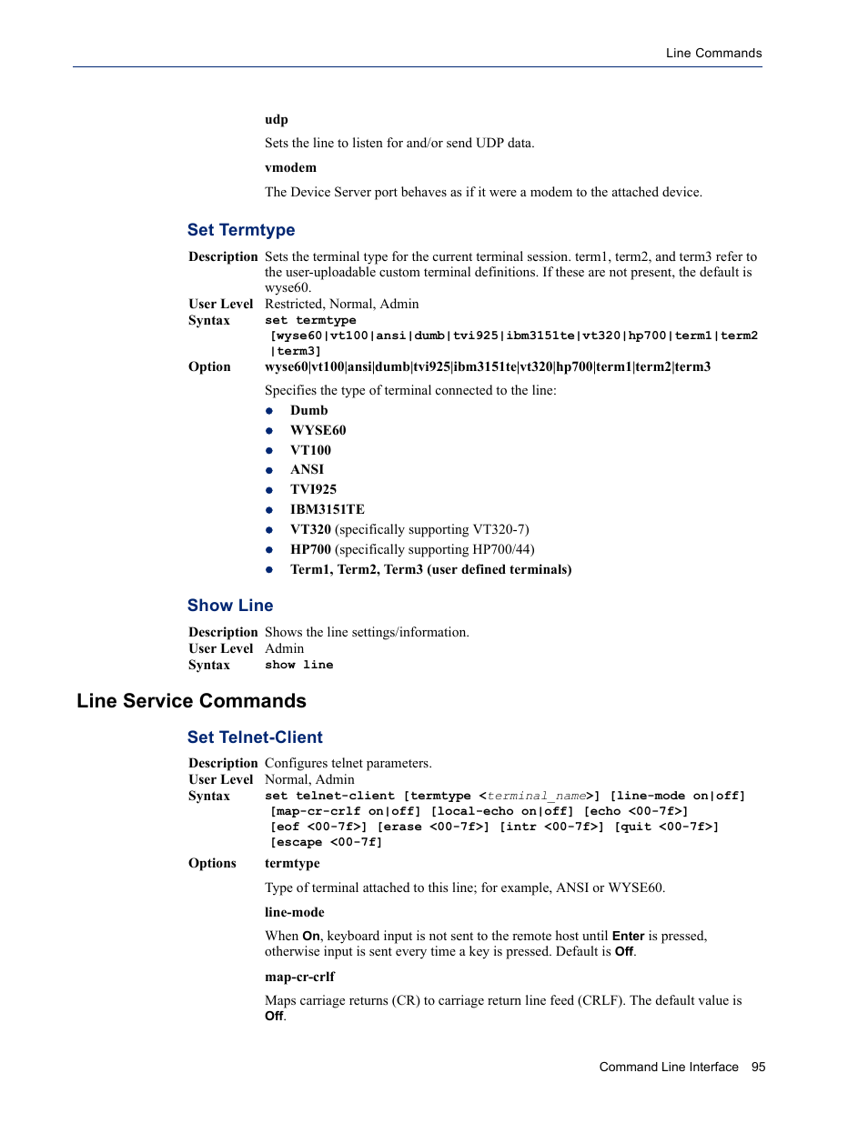 Line service commands, Set termtype show line, Set telnet-client | Configuration, see, Line | Perle Systems DS1 User Manual | Page 95 / 122