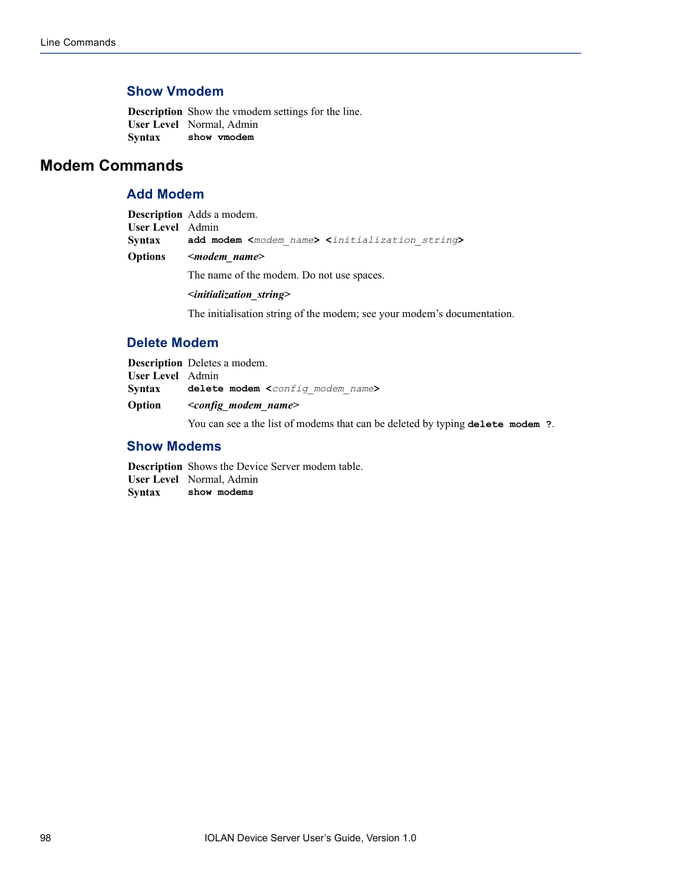 Modem commands, Show vmodem, Add modem delete modem show modems | Perle Systems DS1 User Manual | Page 98 / 122