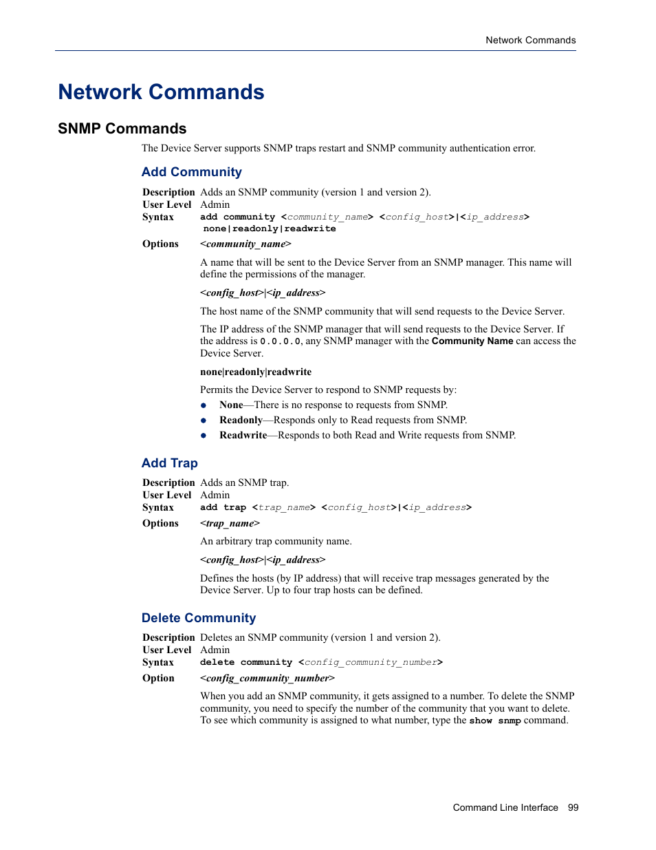 Network commands, Snmp commands, Add community add trap delete community | Perle Systems DS1 User Manual | Page 99 / 122