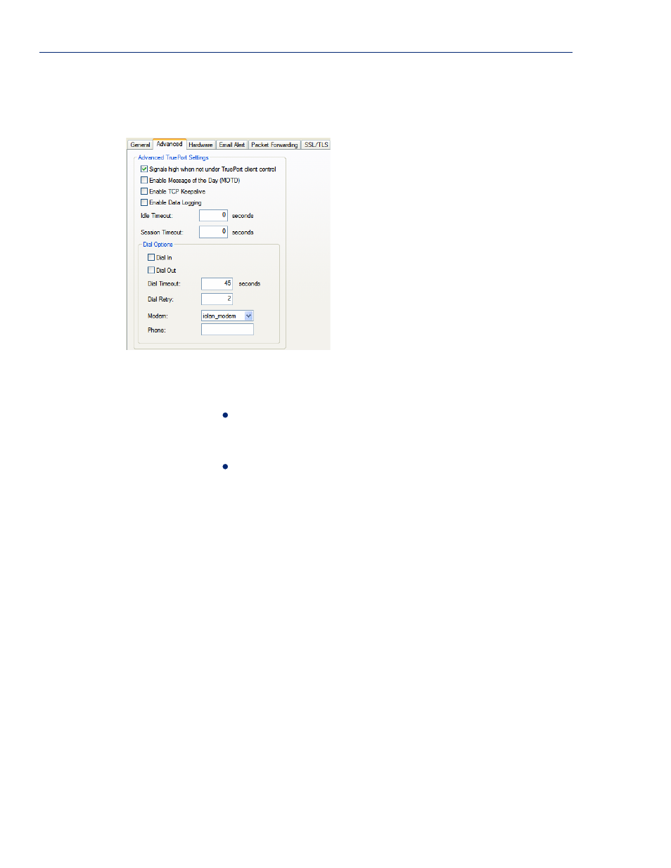 Advanced tab field descriptions | Perle Systems IOLAN SCS User Manual | Page 124 / 408