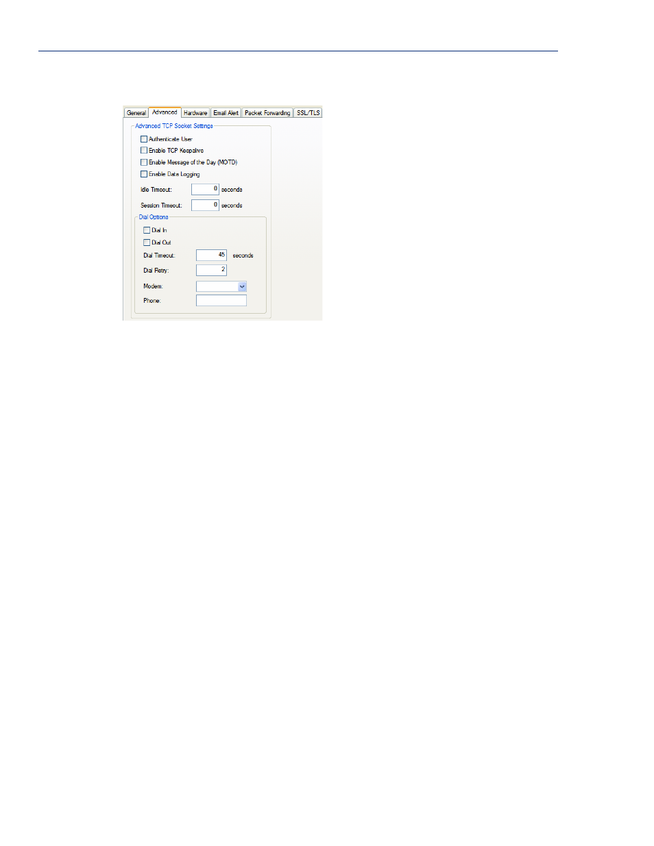 Advanced tab field descriptions | Perle Systems IOLAN SCS User Manual | Page 130 / 408
