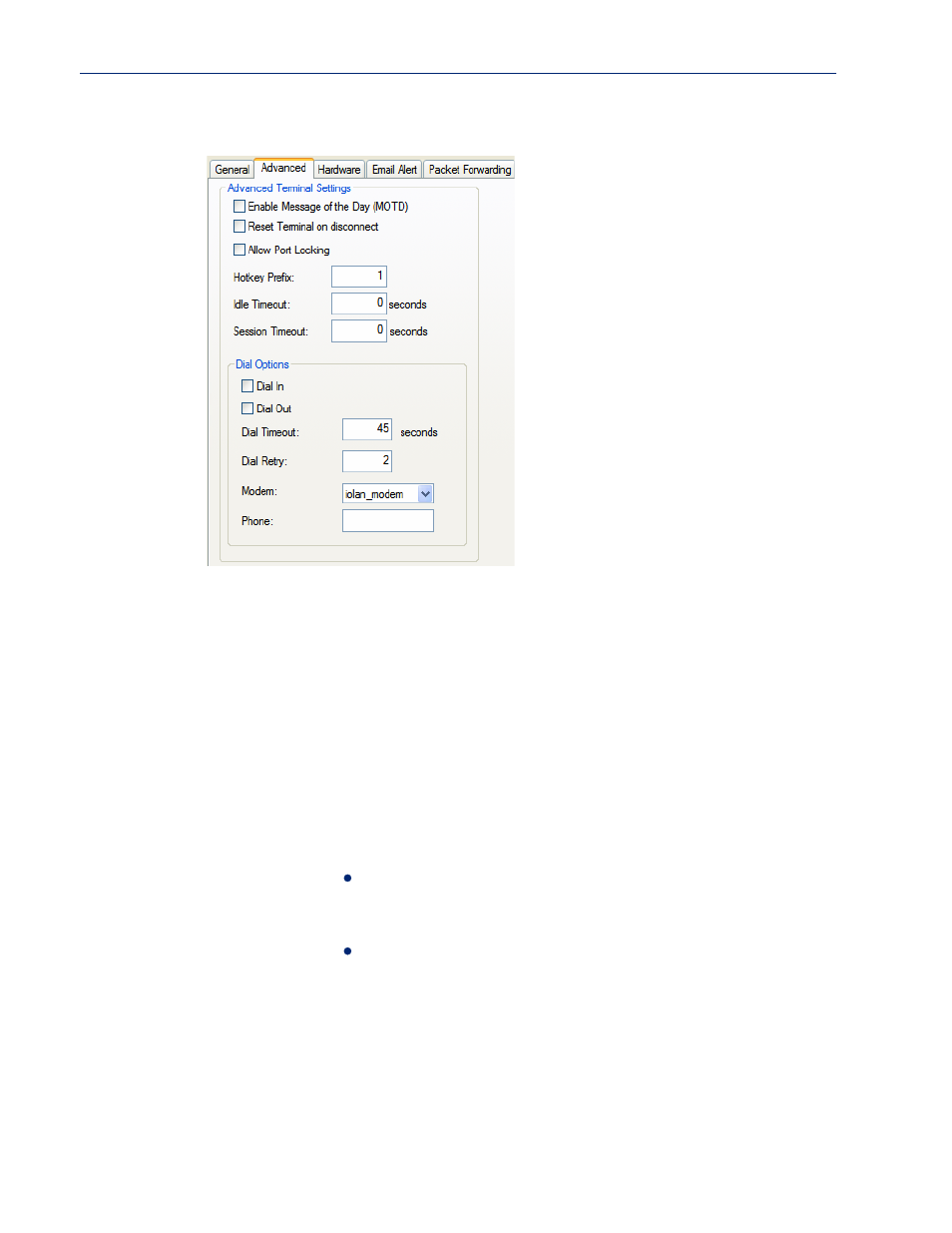 Advanced tab field descriptions | Perle Systems IOLAN SCS User Manual | Page 137 / 408