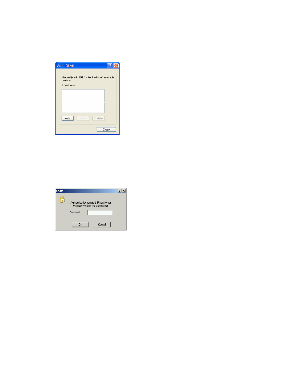 Adding/deleting manual iolans, Logging in to the iolan | Perle Systems IOLAN SCS User Manual | Page 78 / 408