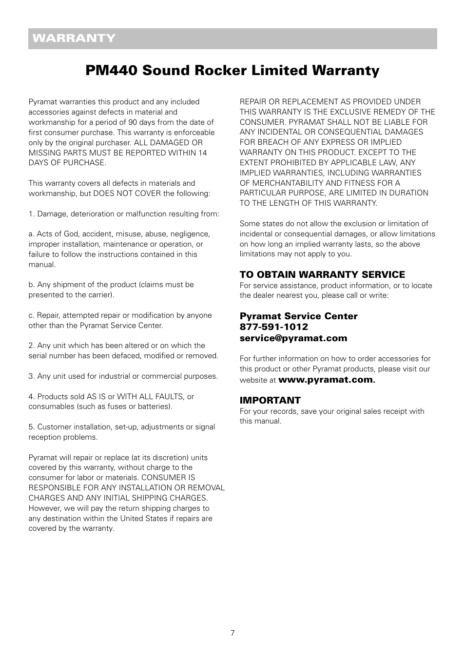 Pm440 sound rocker limited warranty, Warranty | Pyramat PM440 User Manual | Page 8 / 9