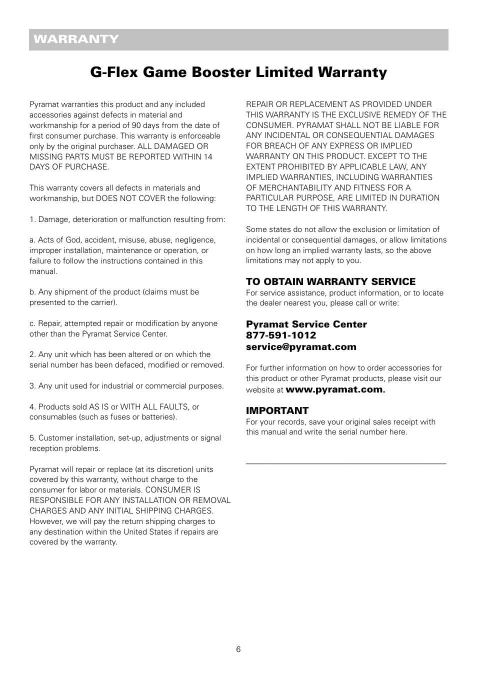 G-flex game booster limited warranty, Warranty | Pyramat G-Flex Game Booster User Manual | Page 7 / 8