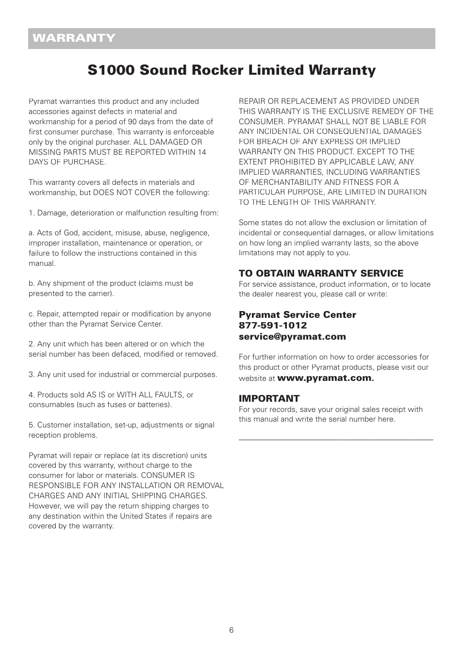 S1000 sound rocker limited warranty, Warranty | Pyramat SOUND ROCKER S1000 User Manual | Page 7 / 8