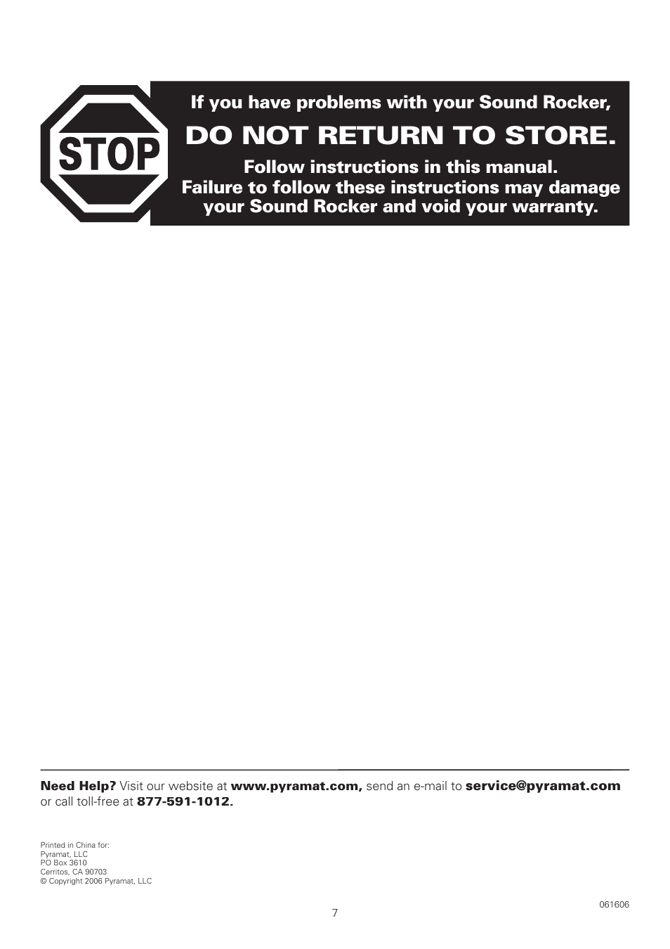 Do not return to store, If you have problems with your sound rocker | Pyramat SOUND ROCKER S1000 User Manual | Page 8 / 8