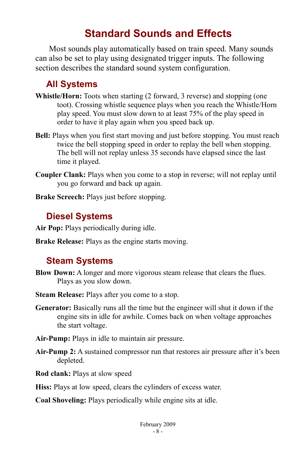 Standard sounds and effects, All systems, Diesel systems | Steam systems, All systems diesel systems steam systems | PMI - Phoenix BIGSOUND P5 User Manual | Page 8 / 23