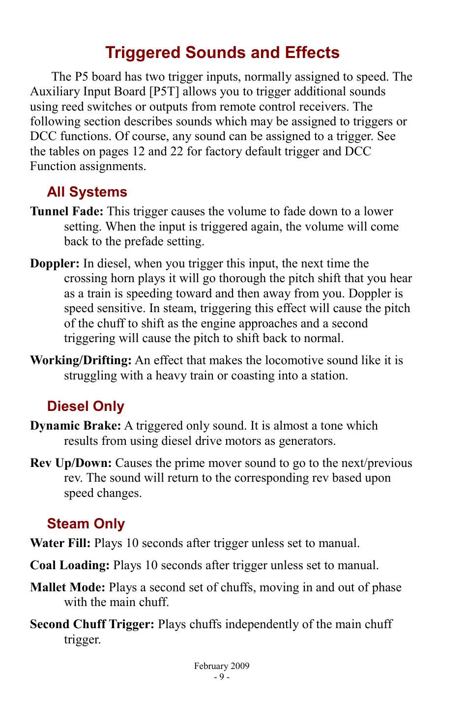 Triggered sounds and effects, All systems, Diesel only | Steam only, All systems diesel only steam only | PMI - Phoenix BIGSOUND P5 User Manual | Page 9 / 23