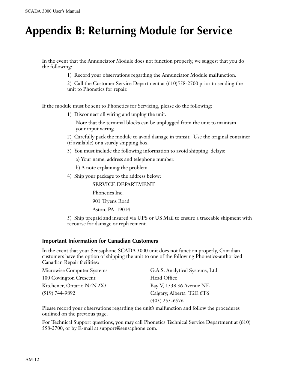 Appendix b: returning module for service, Important information for canadian customers | Phonetics Annunciator Module SCADA 3000 User Manual | Page 12 / 13