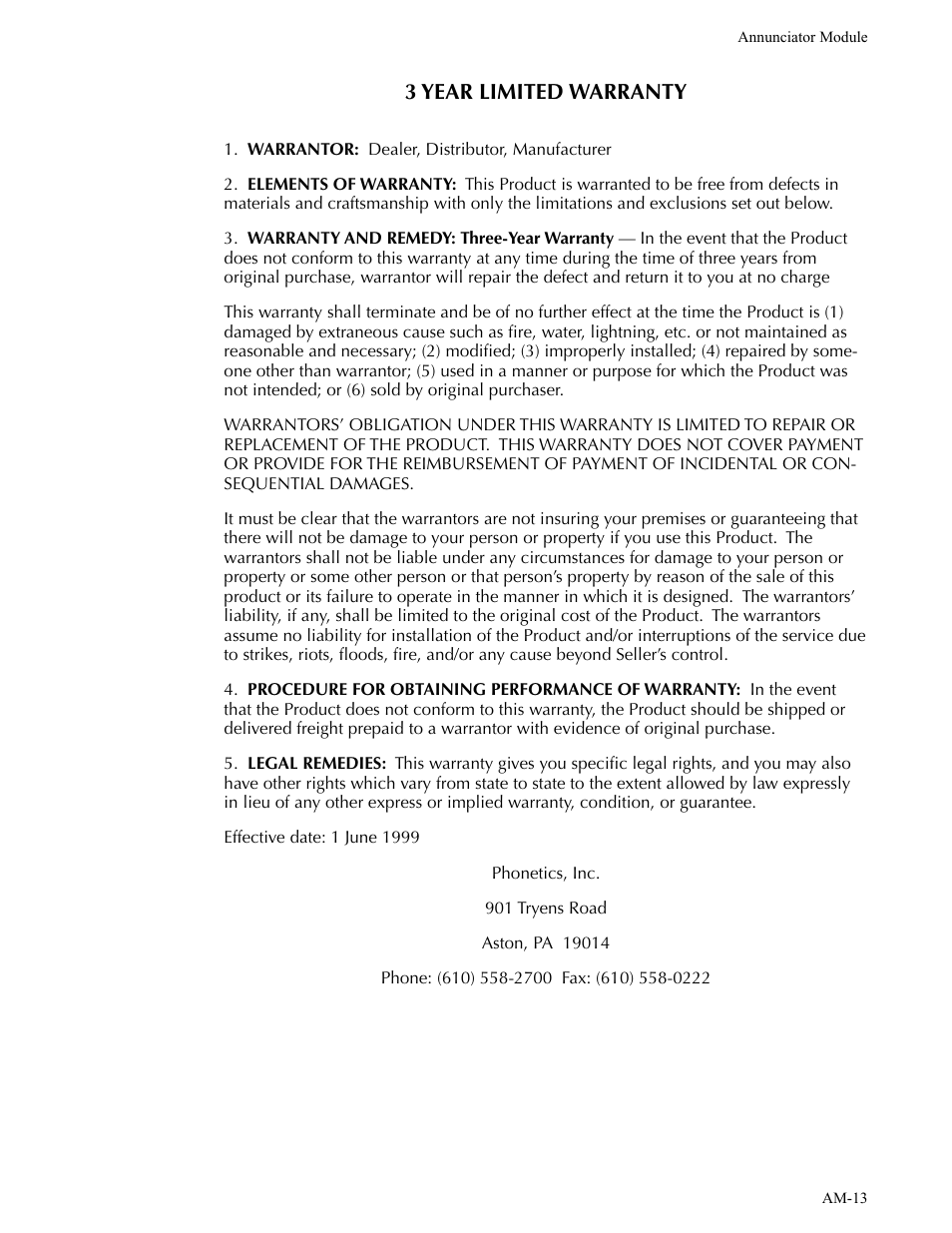 Warranty, 3 year limited warranty | Phonetics Annunciator Module SCADA 3000 User Manual | Page 13 / 13