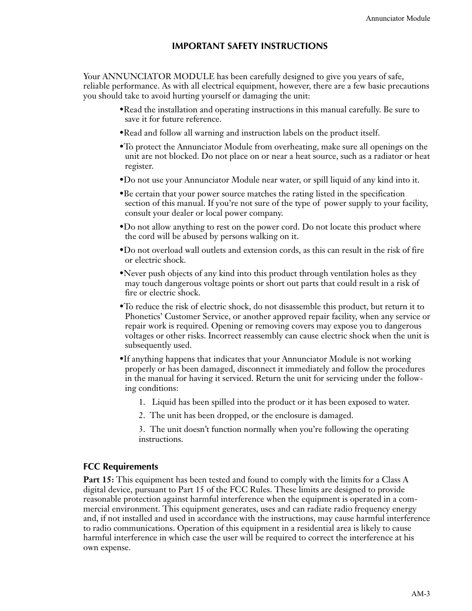 Important safety instructions, Fcc requirements | Phonetics Annunciator Module SCADA 3000 User Manual | Page 3 / 13