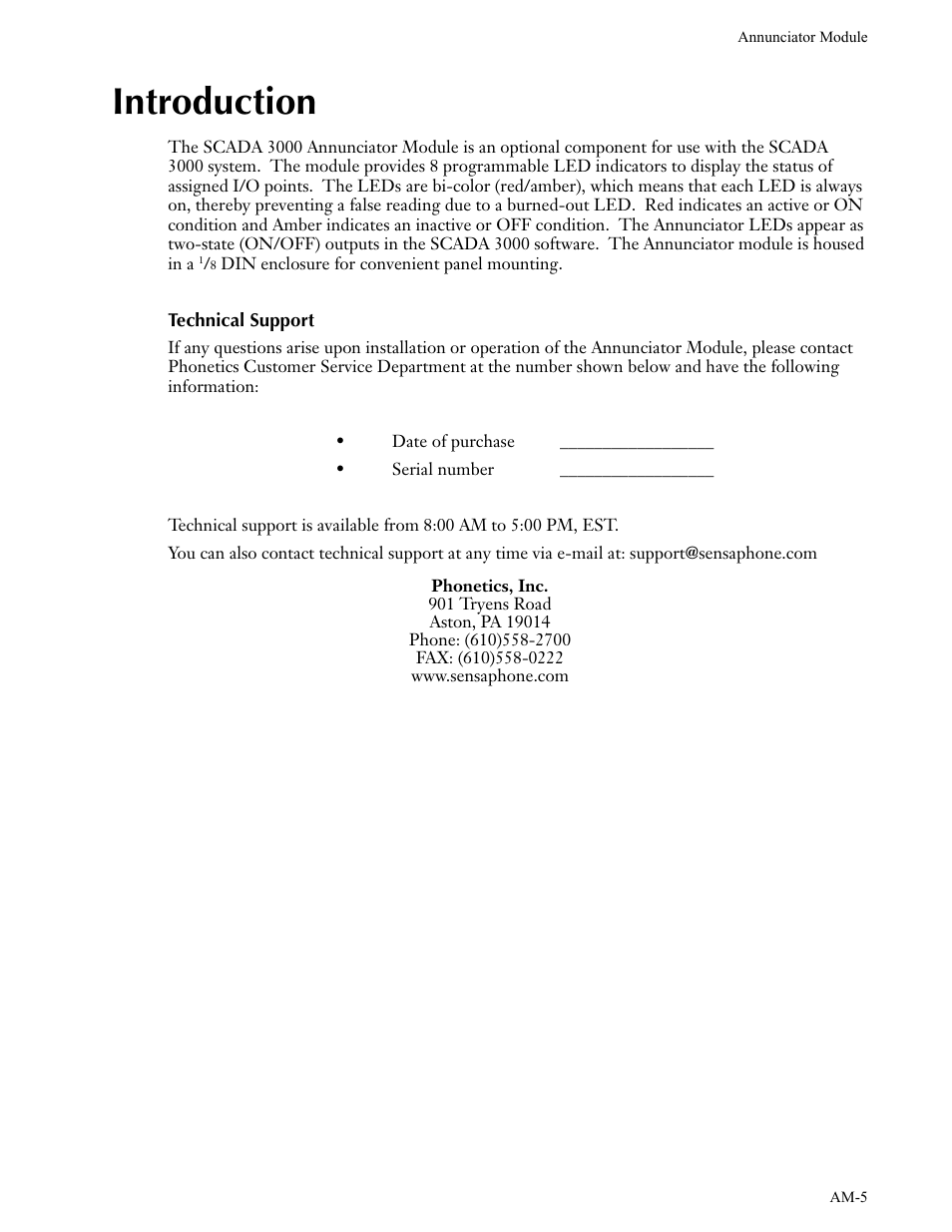 Introduction, Technical support | Phonetics Annunciator Module SCADA 3000 User Manual | Page 5 / 13
