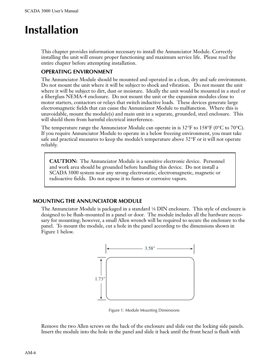 Installation, Operating environment, Mounting the annunciator module | Phonetics Annunciator Module SCADA 3000 User Manual | Page 6 / 13